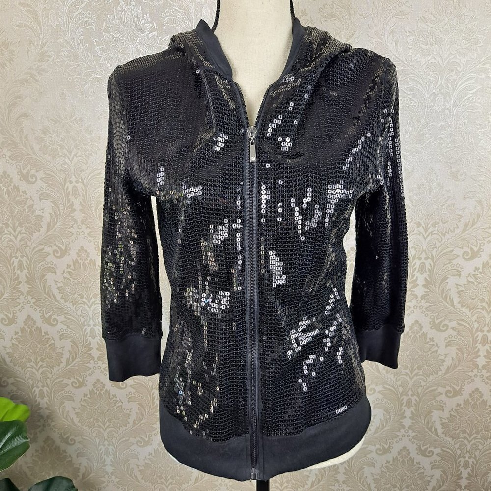 Sisters Size Med Black Sequin Zip Up Jacket with Hood 3/4 Sleeves No Pockets EUC